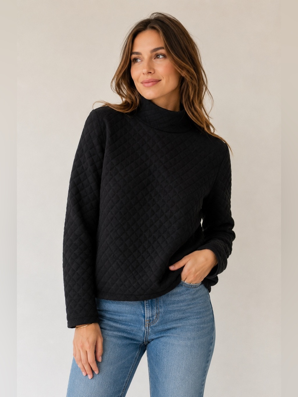 J.Crew Black Quilted Mock Neck Pullover Sweater Small Minimalist